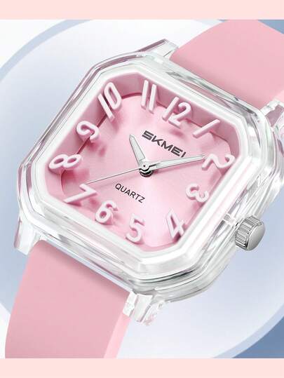  SKMEI 2484 女士奢华石英模拟手表简约古董方形表壳 20 毫米果冻彩色硅胶运动表盘魅力风格