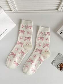 زوج/3 أزواج من جوارب قصيرة كيوت وردية مطبوعة بفيونكة، جوارب كاجوال، جوارب يومية جميلة، جوارب موضة يومية، مناسبة للارتداء اليومي، مناسبة لجميع الفصول