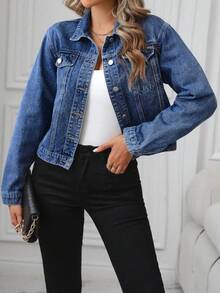 Chamarra Denim Cazadoras Mezclilla Abrigos Vaqueros Azul Manga Larga Botones aplicaciones manga larga solapa bolsillos Chaqueta vaquera corta con dobladillo de manga larga para mujer - Azul - Ver 3