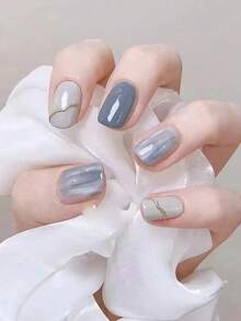 10 Stück handgemachte Nagel Aufkleber, Batik Grau-Blau minimalistischer Stil, ablösbare Nail Art Abziehbilder Aufkleber für Nägel, Nagelzubehör