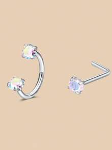 6/2 件马蹄形鼻环配 L 型鼻钉，不锈钢粉色彩虹 CZ 鼻环，银金内螺纹马蹄形鼻环，女士唇眉螺旋耳洞饰品，四季佩戴，礼物 - 彩色 - 查看 18