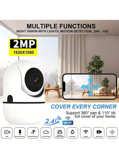 1080P 360° Pan/Tilt Wi Fi Slimme Home Security Camera, Baby Monitor Pet Camera Security, 2.4GHz Fi, One Key Talk, Motion Tracking, Infrared Night Vision, Two Way Audio, Indoor/Outdoor view 2