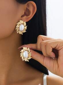 1 对时尚复古金金属叶仿珍珠耳钉，适合日常、宴会和派对佩戴 - 金黃色 - 查看 1