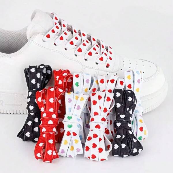 1 Pair Versatile Heart Print Flat Shoelaces, Suitable For Casual Shoes, Colorful Laces