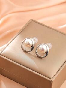 1 Pair Fashionable Faux Pearl Asymmetric Round Clip-On Earrings, Elegant Personalized Clip Earrings Suitable For Women Daily Wear, Holiday Gift - Ear Clip - View 5