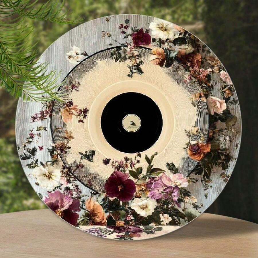 2D Flat - Room Decor Charming Floral Vinyl Record Design Metal Sign, Round Aluminum 2D Printed Decor, Vintage Wall Art, With For Home, Kitchen, Garden, Office - Unique Christmas Gift, Retro Metal - 彩色 - 查看 1