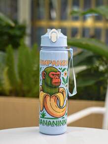 1pc 750ml/26oz Shan Hai Jing Themed Plastic Straw Water Bottle, With Handle Strap, Leak-Proof Mouth, 4 Character Designs, Portable & Durable, Spill-Proof When Inverted, Suitable For Running, Cycling, Travel, Great Gift