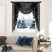 Modern svart vågig spetsgardin - Blommig jacquard kort gardin, lämplig för kök och vardagsrum, halvtransparent polyestermaterial med stångfickadesign
