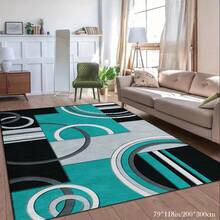 A Modern Abstract Pattern Carpet, Machine Washable, Suitable For Living Room, Bedroom, Balcony, Multifunctional Indoor And Outdoor Carpet, 100% Polyester Fiber, Dimensions 100.0cm X 160.02cm - Teal And Black - 彩色 - 查看 2