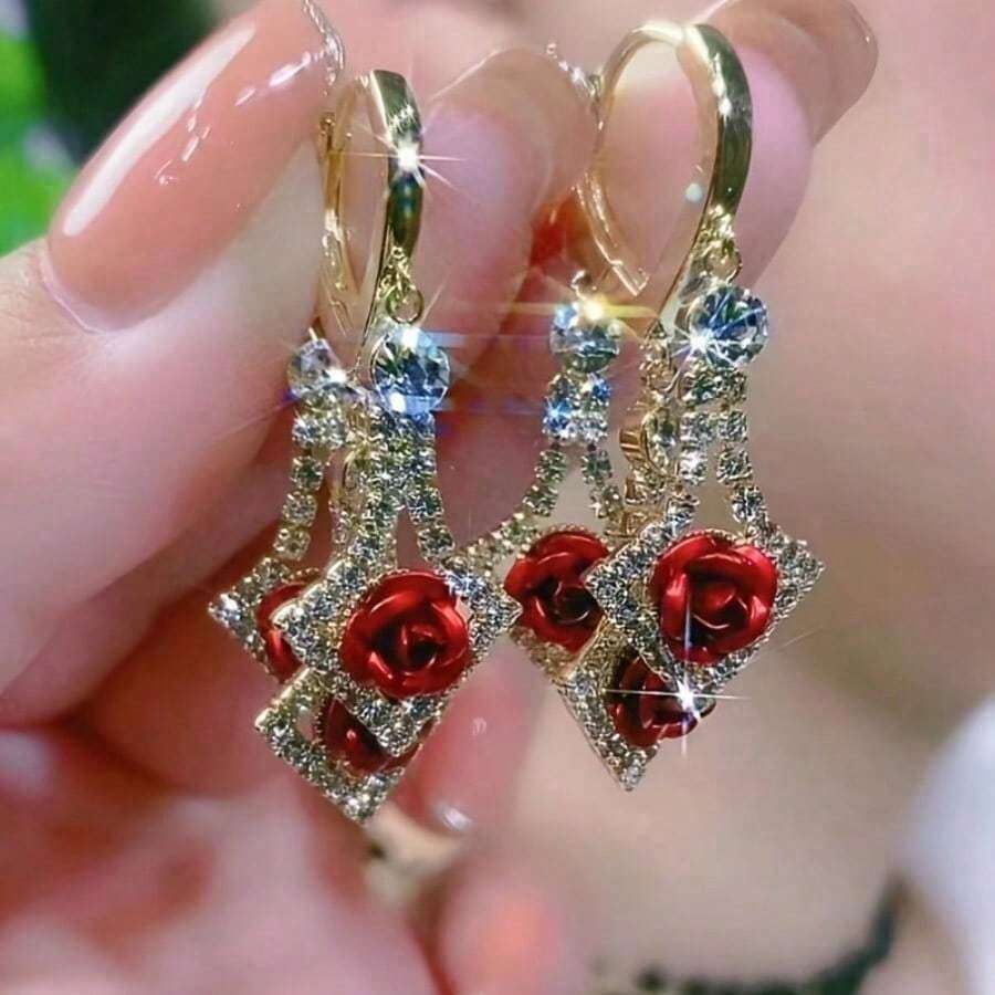 Fashionable And Elegant Red And Purple Rose Earrings, The Best Daily Gift For Ladies' Parties And Banquets, Two Styles Available - 紫色 - 查看 1