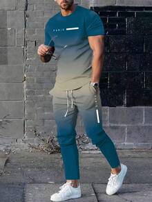 Bộ 2 món/Bộ áo thun nam cổ tròn tay ngắn màu ombre thoải mái, mềm mại cao cấp kèm quần jogger, trang phục phổ biến - Màu xanh lam - Xem 1