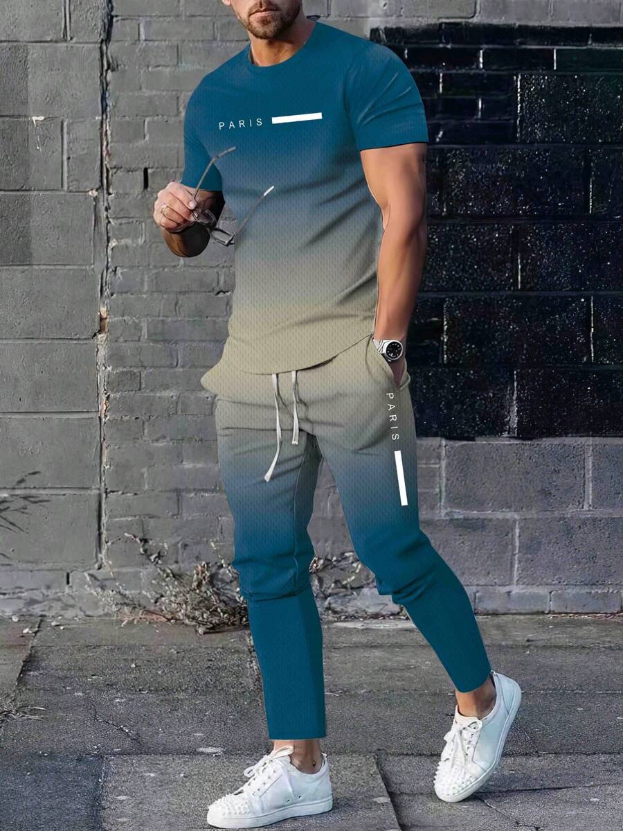 Bộ 2 món/Bộ áo thun nam cổ tròn tay ngắn màu ombre thoải mái, mềm mại cao cấp kèm quần jogger, trang phục phổ biến - Màu xanh lam - Xem 1