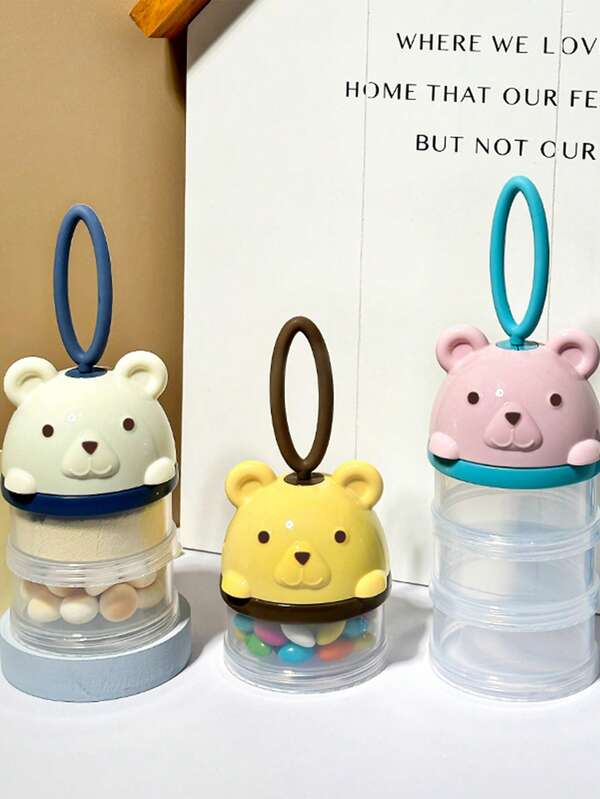 1个便携式多层透明奶粉储存盒，可拆卸3/4层，粉色卡通熊图案，方便旅行