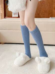 3 Pairs Women's Warm Knee-High Socks, Solid Color Coral Thermal Lined, Thick & Heat Retaining, Soft & Skin-Friendly House Socks For Winter