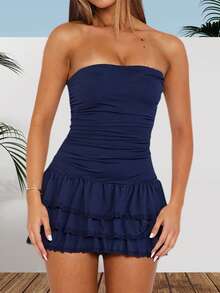 Women's Strapless Backless Tube Top Dress Cute Strapless A Line Flowy Short Ruched Party Club Bodycon Mini Dress - Azul - Ver 2