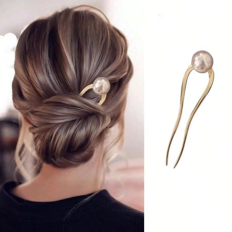 1-Piece Pearl U-Shaped Hairpin – Classic Hair Stick For Women, Elegant Bun Holder - 金色 - 查看 1