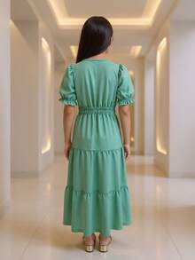 Lizo Long Ruffled Youth Dress Short Sleeve Girls 8 To 12 Years Baby Blue, Pink, Green, Beige, Black - 綠色 - 查看 2