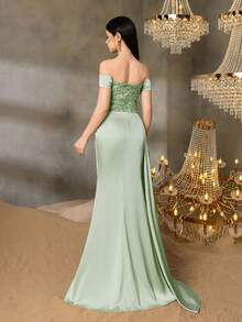 Alisa&Leo 少女露肩亮片晚礼服 - 合身亮片紧身胸衣，侧开衩，不对称拖尾，适合毕业典礼、舞会、婚礼和高端晚会 - 綠色 - 查看 2