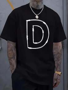 Men'S Geometric Letter D Print Cotton T-Shirt Casual Crew Neck Short Sleeve Comfortable and Breathable for Everyday Casual Wear Summer and Autumn Outdoor Activity Top 180g