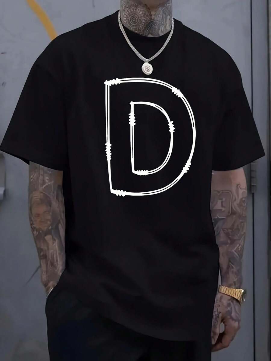 Men'S Geometric Letter D Print Cotton T-Shirt Casual Crew Neck Short Sleeve Comfortable and Breathable for Everyday Casual Wear Summer and Autumn Outdoor Activity Top 180g