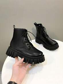 Botas de cordones de moda para mujer,Botas Cortas para Mujer: Estilo Británico y Botas Moteras de Moda | Cómodas de Llevar, Ideal para Actividades Al Aire Libre - Negro - Ver 5