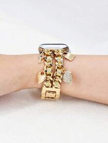 1pc Fashionable Metal Glitter Leather Strap With Double Heart Lock Clasp, Compatible With Apple Watch 38/40/41/42/44/45/46/49mm, Suitable For Apple Watch Ultra/SE/Series 10/9/8/7/6/5/4/3/2/1, Adjustable Length, Convenient Operation, Suitable For Women's Fashionable And Compact Smart Watch Strap (Strap Only, Watch And Case Not Included) - Double Heart Lock Cylinder Gold - View 4