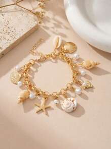 1pc Ocean Theme Starfish, Shell, Pearl Beaded Bracelet, Fashionable Multi-Layer Pendant Bracelet, Suitable For Beach Party And Vacation (Handmade, Color And Size May Vary Slightly)