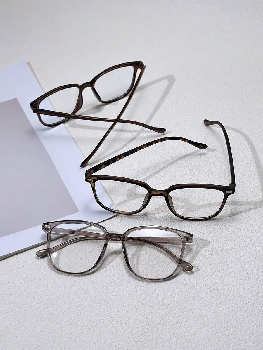 3 件装铆钉方形和圆形框架眼镜，适合女士，适合日常佩戴，轻巧且适合小脸