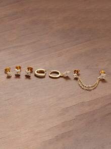 6件套单耳花朵吊坠耳环，星形耳钉，可叠戴，女士休闲锆石耳环，18K镀金耳环套装，低过敏性，轻盈透气，适合度假派对佩戴，女士女孩适用。 - Gold-2# - 查看 5