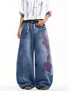 1pc Hong Kong Style High Street 3D Embroidered Floral Fashion Versatile Men's Washed Loose Wide Leg Jeans (Product Does Not Include Belt And Accessories) - Blue - View 6