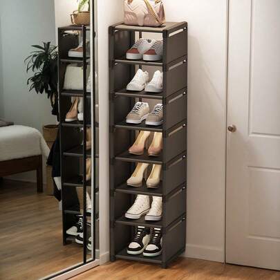 1pc 3/4/5/6/7 Tier Shoe Rack, Black/White, Home Use Multi-Layer Shoe Storage Cabinet, Dust-Proof Shoe Box, Large Capacity Shoe Organizer