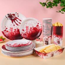 Halloween Horror Bloody Handprint Disposable Plate, Cup, Popcorn Box, Food Container Set, Party Supplies, Suitable For 24 Guests, Disposable Paper Plate Party Tableware Set For Birthday, Wedding, Party, Family Picnic