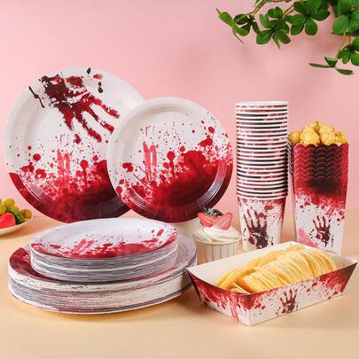 Halloween Horror Bloody Handprint Disposable Plate, Cup, Popcorn Box, Food Container Set, Party Supplies, Suitable For 24 Guests, Disposable Paper Plate Party Tableware Set For Birthday, Wedding, Party, Family Picnic