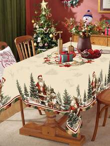 1pc Christmas Tablecloth, Vintage Santa Claus Snowman Christmas Tree Reindeer Pattern, 100% Polyester, Round/Rectangular, Holiday Kitchen Dining Table Decor, Christmas Party Decoration, Home Decor - Multicolor - View 8