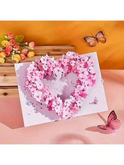 1 张心形樱花 3D 贺卡，适合感恩节、母亲节、生日、情人节、婚礼、周年纪念、圣诞节，包括 7 英寸 X 5 英寸信封学校用品、返校