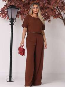 Elegant Women's Set Viscose Blouse + High Waist Pants Simple Casual