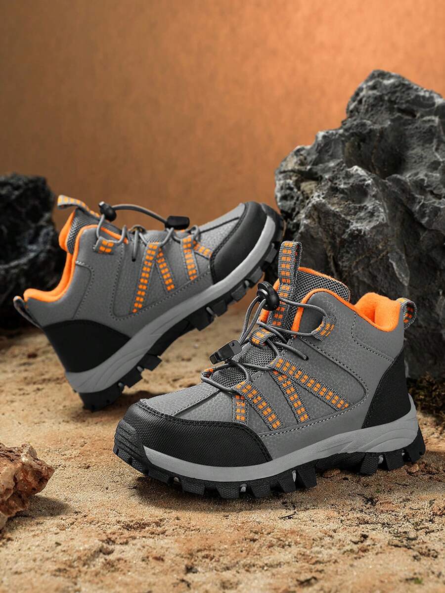 Children's Hiking Shoes, Mid-Top Leather Outdoor Sports Shoes, Non-Slip Wear-Resistant Running Shoes, Adjustable Hook And Loop, Warm For Winter