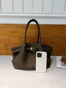 Dedoo 1个FEISTURE仿麂皮手提包，大容量纯色成熟优雅女士手提包，复古风格工作包，适合女孩、女性、大学生、上班族 - 墨綠色 - 查看 8