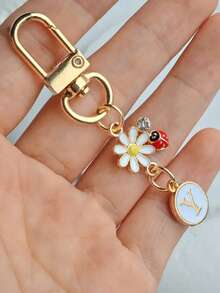 1pc Unisex A-Z Letter Stainless Steel Keychain, Minimalist Letter, Flower, Ladybug Design, Gift For Friends, Bag Pendant - Multicolor - View 27
