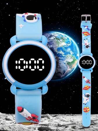 1 pieza Reloj electrónico con patrón de cohete y astronauta de dibujos animados, regalo para niños, regalo de cumpleaños
