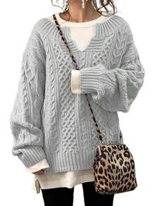 Women's Winter Chunky V Neck Long Sleeve Loose Cable Knit Sweater Pullover/Vacation Outfits Women/Valentine Outfits For Women - 淺灰色 - 查看 1