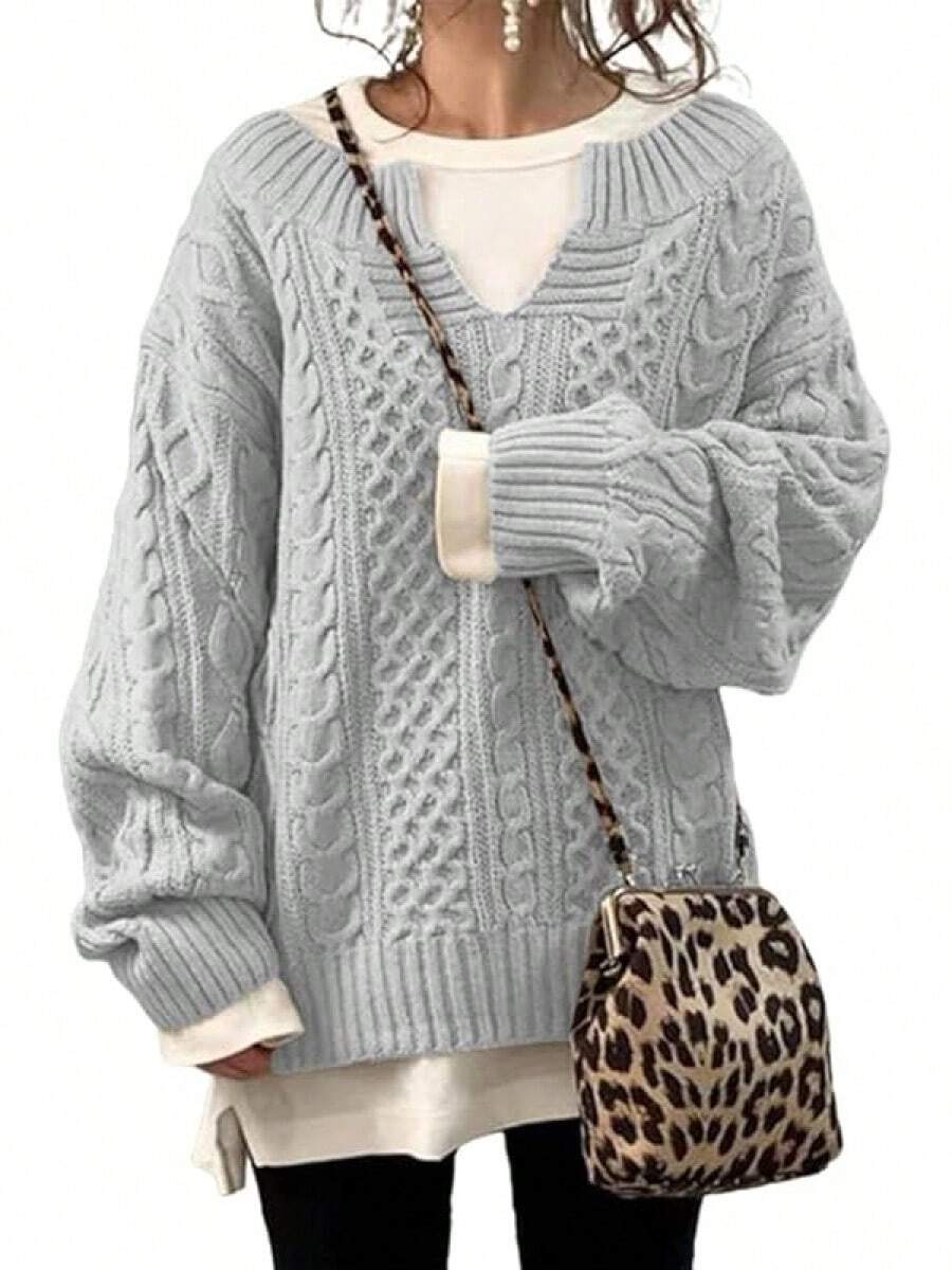 Women's Winter Chunky V Neck Long Sleeve Loose Cable Knit Sweater Pullover/Vacation Outfits Women/Valentine Outfits For Women - 淺灰色 - 查看 1