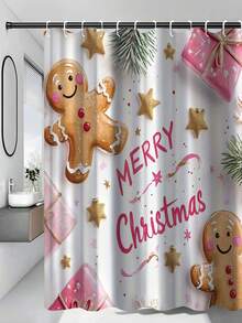 1 Piece/4 Pieces Christmas Scene Winter Decor, Pink Gingerbread Man, Snowflake, Christmas Shower Curtain, Modern Personalized Bathroom Christmas Decor, Waterproof Fabric Shower Curtain Set With 12 Hooks, Non-Slip Bathroom Rug, U-Shaped Toilet Mat, Toilet Lid Cover, Christmas Home Decor. Bathroom Decor