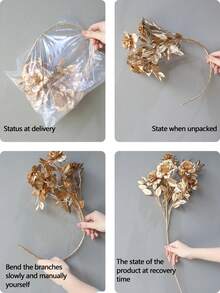 1/3 piezas Flor de rosa artificial de plástico chapado en oro de 60cm con múltiples ramas - Dorado - Ver 4