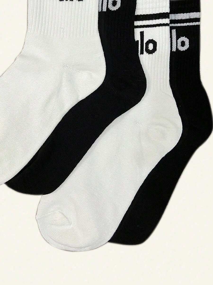 1/2/4双装女士极简字母印花运动中筒袜，多功能设计，适合瑜伽、跑步、篮球、足球等运动，四季皆宜。 - 彩色 - 查看 1