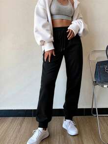 Pantalones De Cintura Alta Para Mujer Con Bolsillos En Diagonal Y Costura al frente - Negro - Ver 2