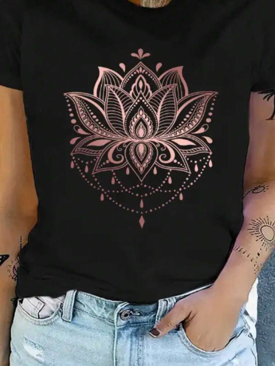 Camiseta Feminina de Gola Redonda Estampada com Boho Floral, Moda T-shirt Feminina com Estampa de Boho Floral, Camiseta Casual De Manga Curta, Promoção Blusinha Feminina, Conforto para Todas as Estações
