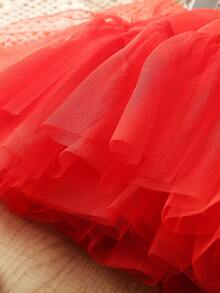 小女孩薄纱泡泡裙，儿童角色扮演裙，芭蕾舞裙 - 紅色 - 查看 3