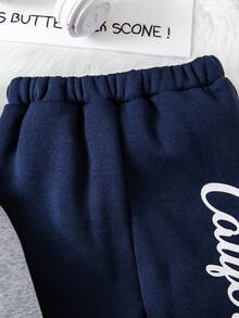 2 piezas Conjunto de estilo deportivo para niños pequeños, chaqueta con cremallera con capucha en parches azul marino y gris + pantalones casuales de unicolor con estampado de letras, otoño/invierno - Azul Marino - Ver 7