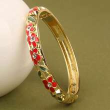 Enamel Bracelet With Hollow Leaf & 3 Floral Rhinestone Inlaid, Slim Openable Vintage Style Jewelry For Women (Batch Color May Vary Slightly Due To Handpainted Crafting)